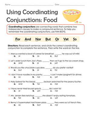 Third grade grammar worksheet showing coordinating conjunctions practice exercises with food-themed sentences and fill-in-the-blank activities