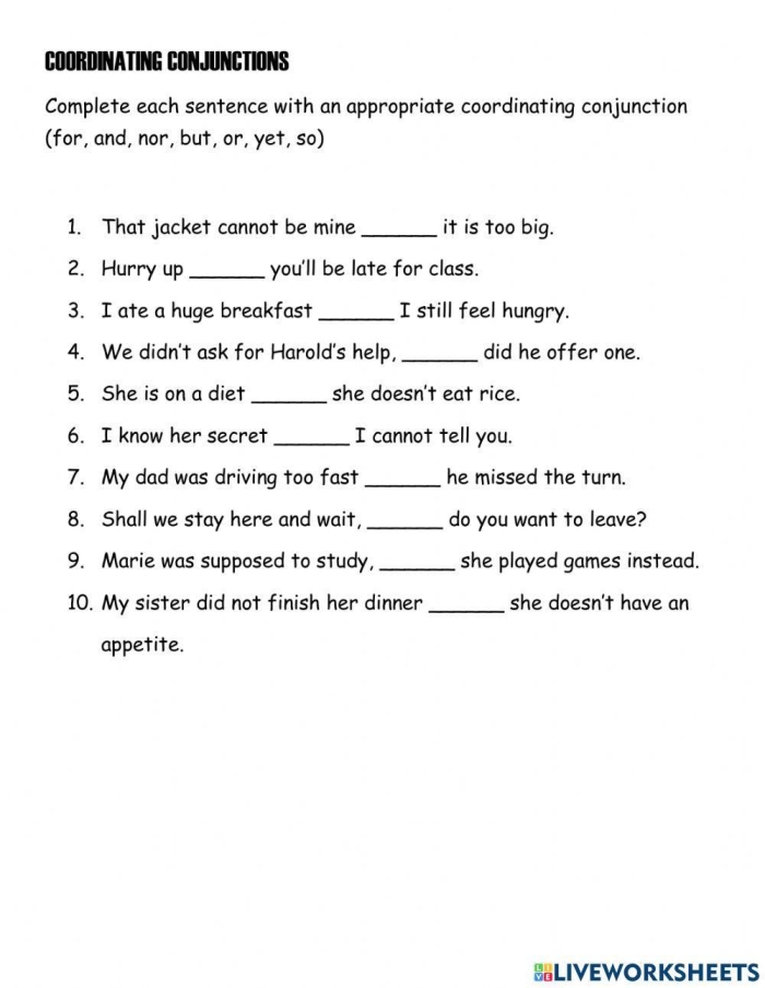 Third grade grammar worksheet focused on using coordinating conjunctions with food-themed sentences