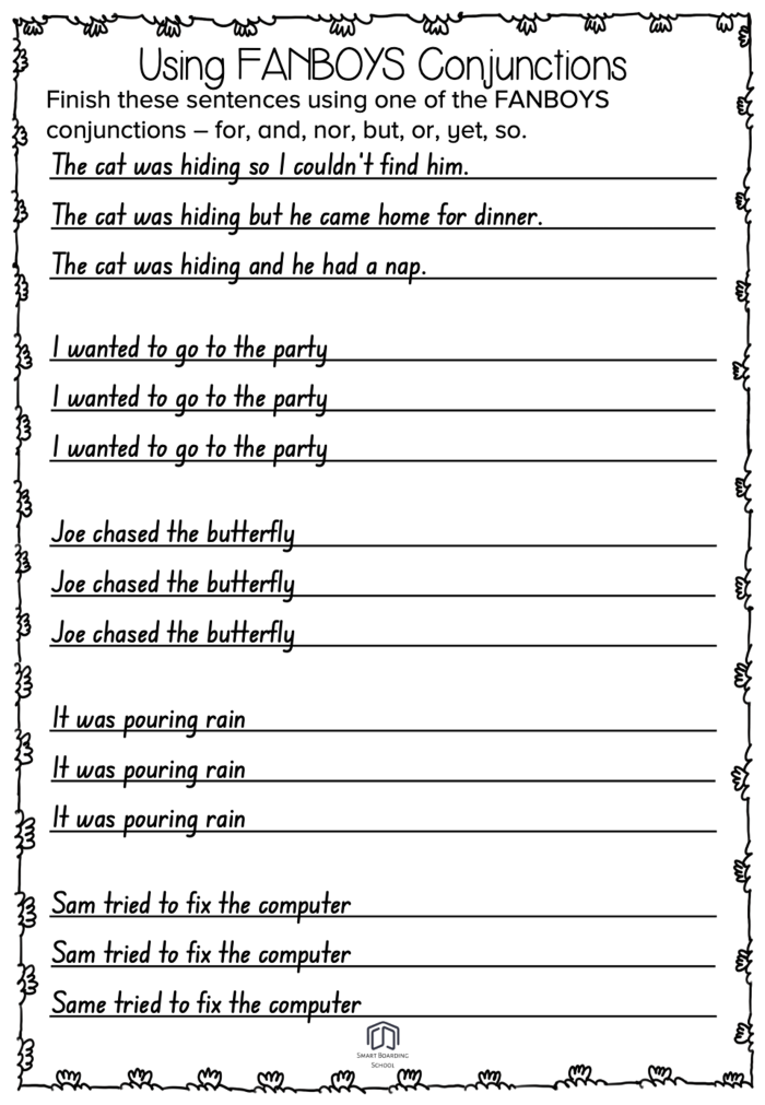 Combining sentences using coordinating conjunctions worksheet for students Worksheet featuring exercises on coordinating conjunctions for fourth-grade handwriting practice