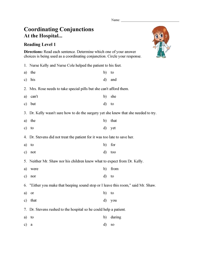 Fourth grade students practice coordinating conjunctions with colorful aquarium and sea creature illustrations on this grammar worksheet