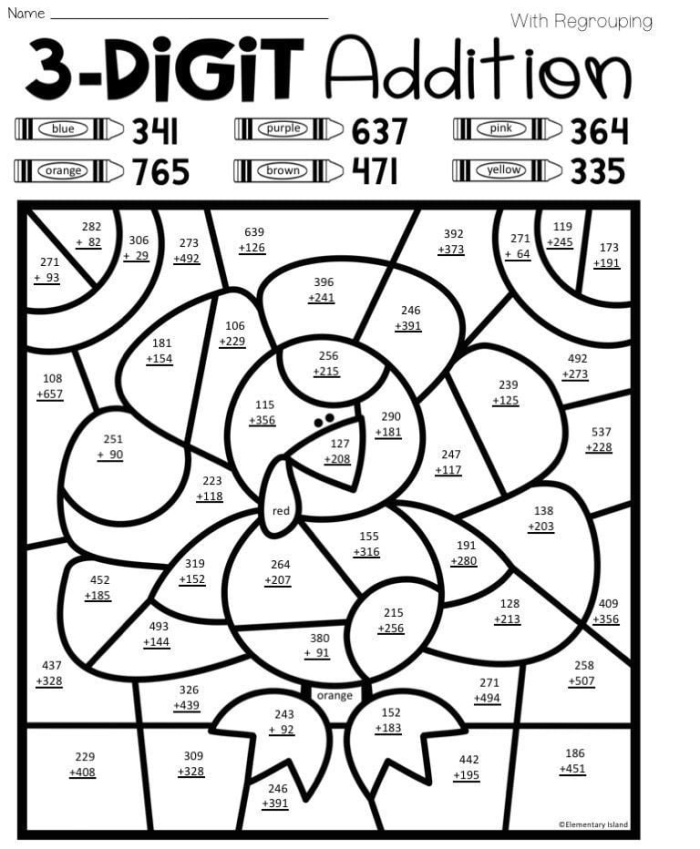 Students engaged in three-digit addition with regrouping on a coral reef-themed math worksheet