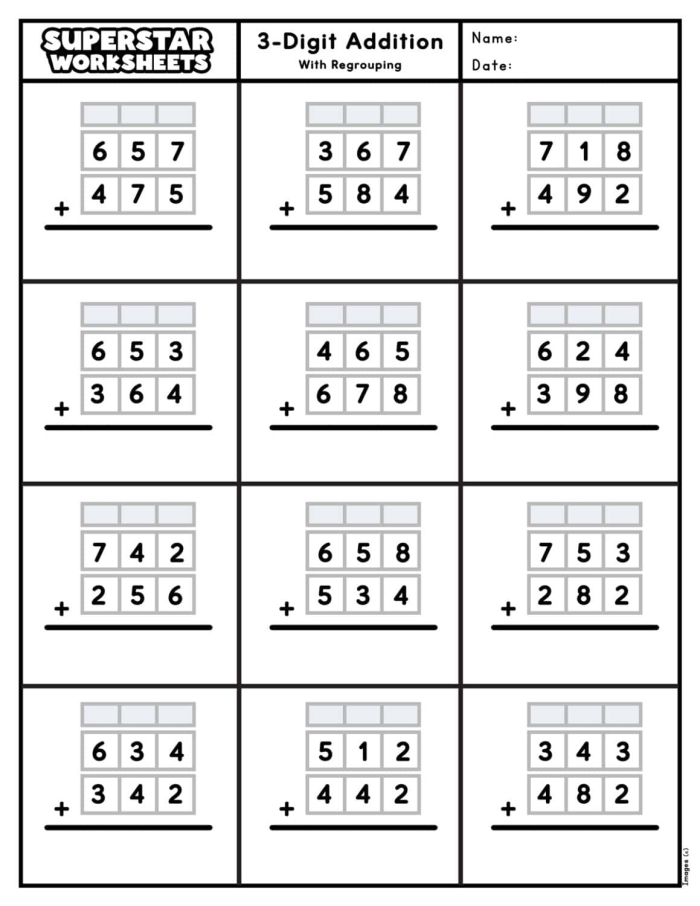 A third grade student solving three-digit addition problems with regrouping on a math worksheet