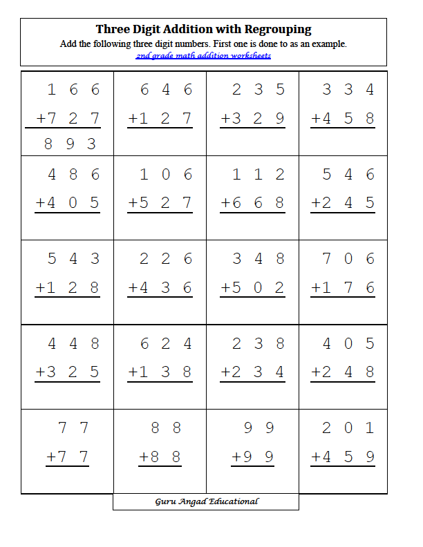 Third grade student completing a three-digit addition math worksheet with regrouping practice