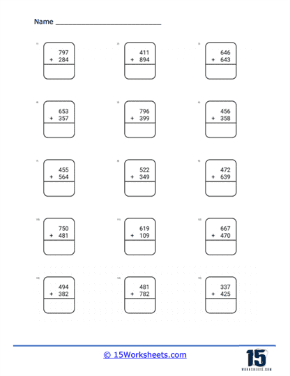Worksheet featuring coral reef themed three-digit addition problems for third graders with regrouping