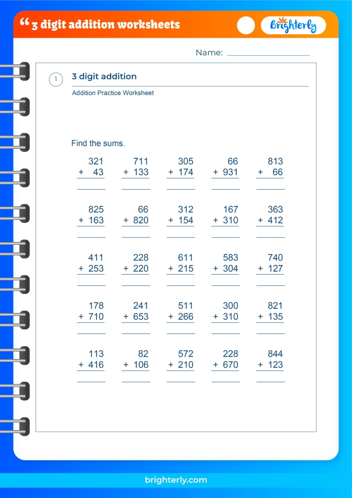 Colorful worksheet featuring three-digit addition with regrouping for third graders