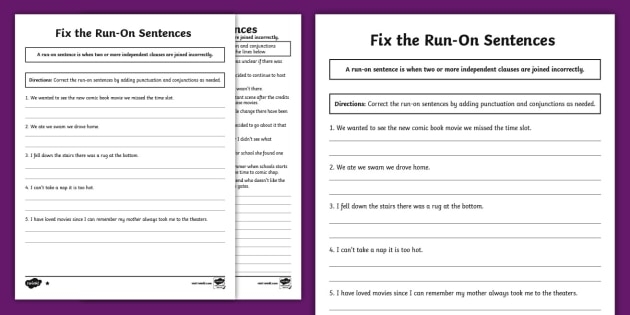 Fourth grade students practice correcting run-on sentences with editing exercises on this grammar worksheet