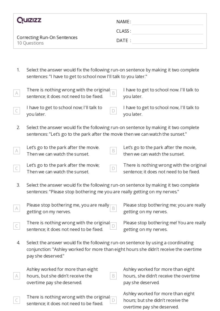 Worksheet featuring corrections for run-on sentences using Shakespeare quotes