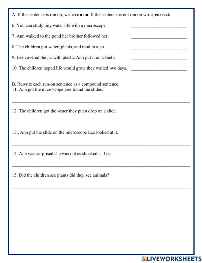 Worksheet for correcting run-on sentences using Shakespeare quotes for fifth graders