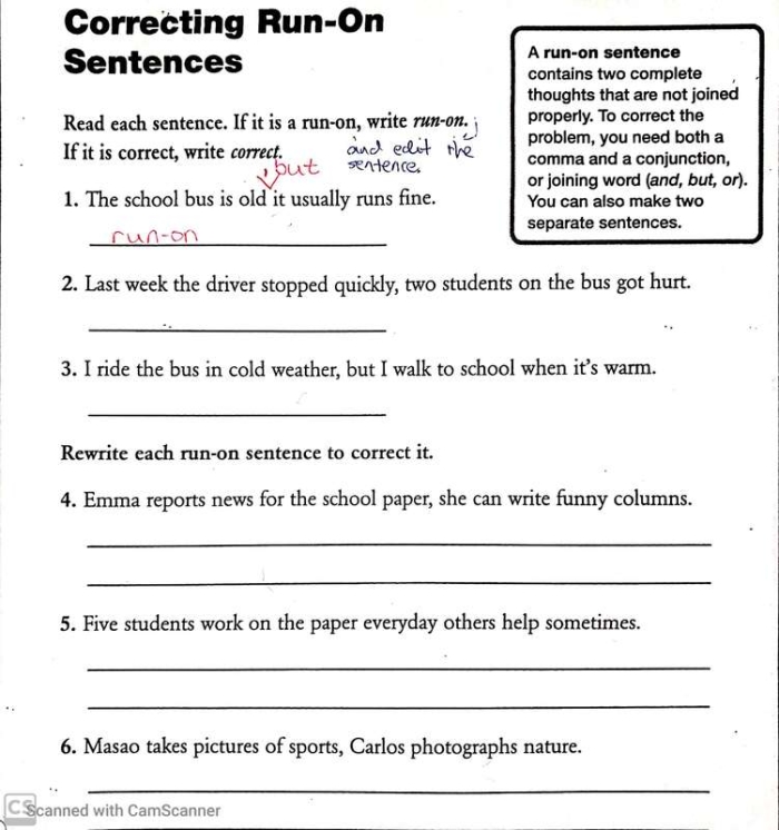 Fourth grade students revising run-on sentences into correct grammatical structures on an educational worksheet