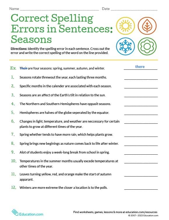 Sixth grade student worksheet for correcting seasonal spelling mistakes in sentences