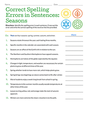 Worksheet featuring spelling corrections related to seasons for sixth graders