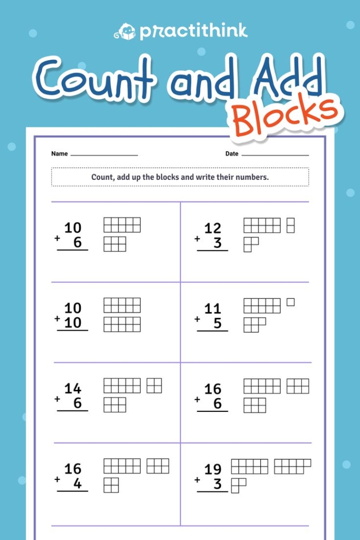 Engaging two-digit and one-digit addition activities for early learners Count and Add Blocks worksheet designed for first graders to practice addition