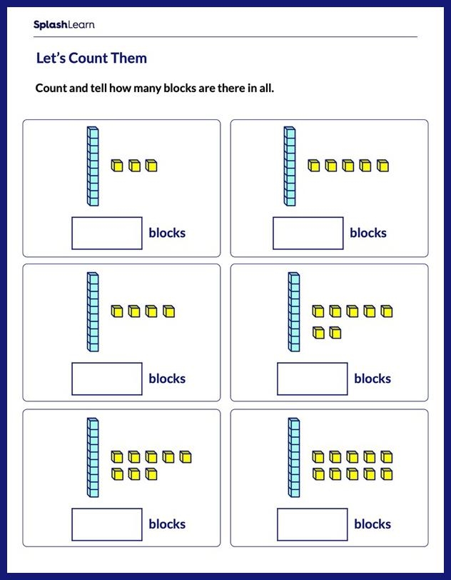 Earth and Space Science worksheet for First Grade Count and Add Blocks worksheet featuring two-digit and one-digit addition problems for first graders. Engaging math practice for young learners in Earth and Space Science.