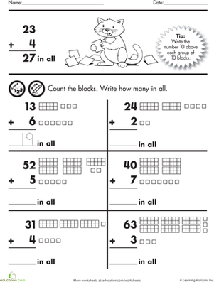 Interactive learning resource for Earth and Space Science aimed at enhancing math skills Colorful Count and Add Blocks worksheet for first graders focusing on two-digit and one-digit addition