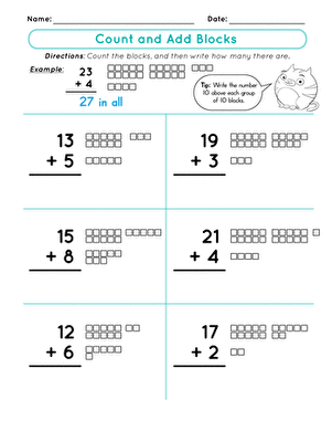 Educational activity sheet for adding two-digit and one-digit numbers Worksheet featuring the Count and Add Blocks exercise for first graders