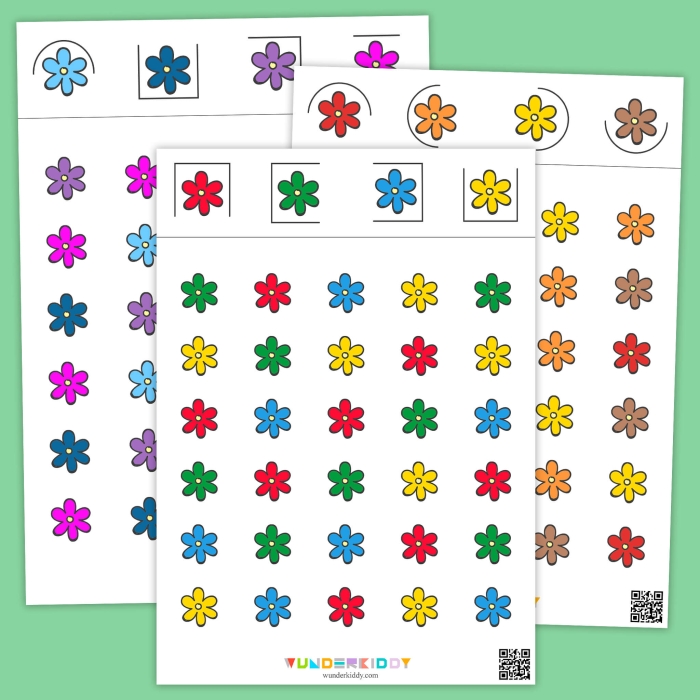 Counting and coloring flowers while learning positional words in a Pre-K worksheet