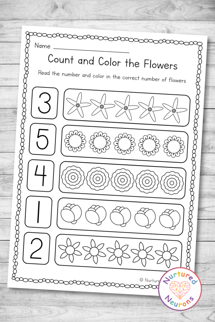 Colorful flowers worksheet for counting and number writing skills in Pre-K. Count and Color the Flowers activity for young learners.