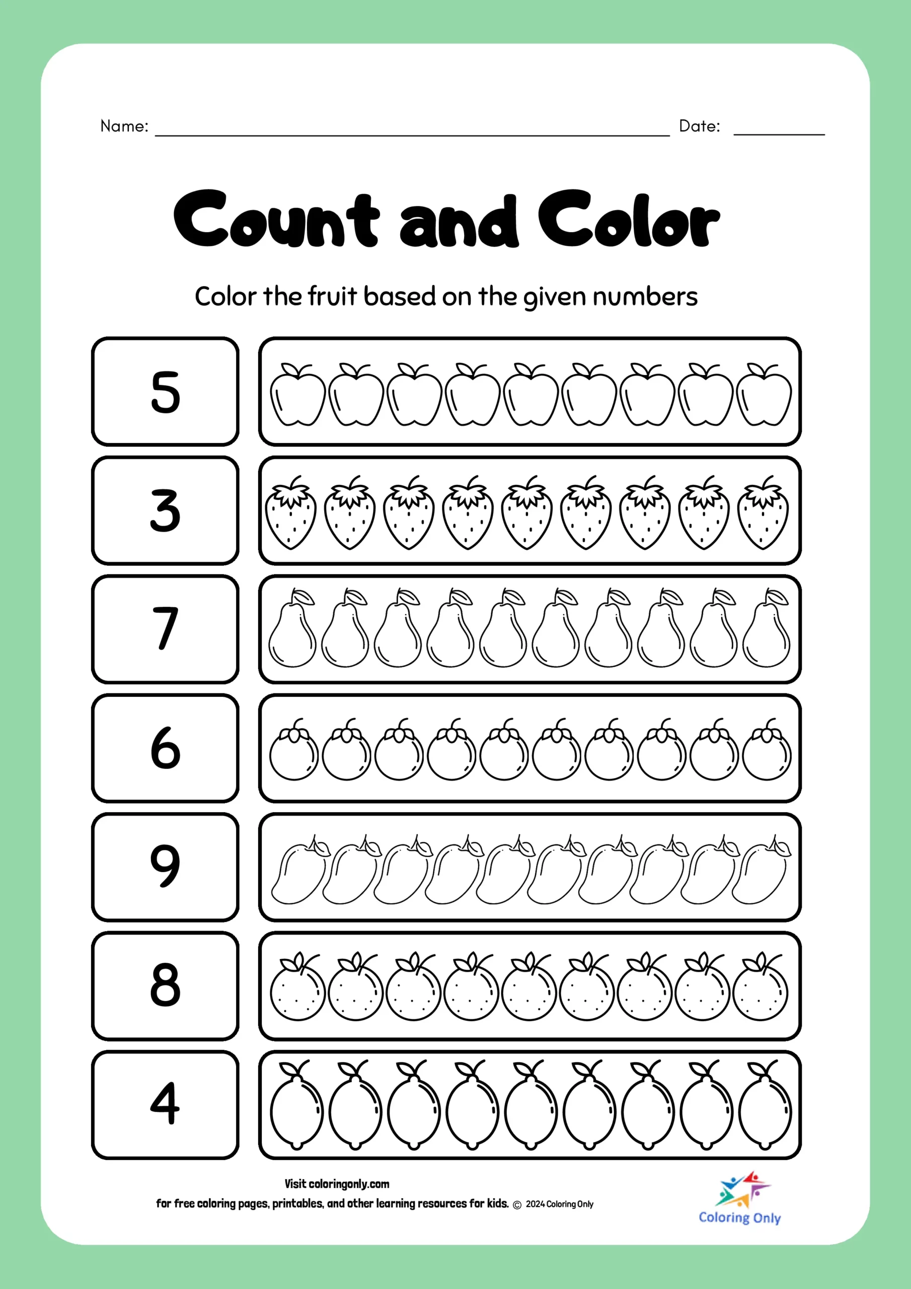 A Pre-K worksheet for counting and coloring flowers in a specific sequence