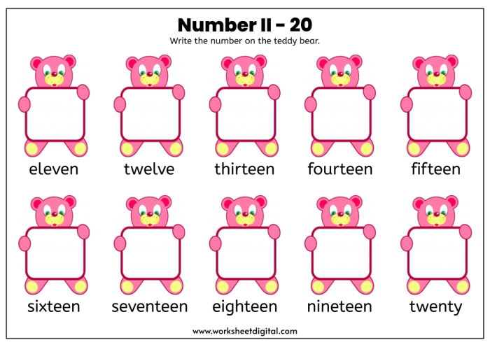 Printable worksheet for kindergarten focused on counting from 11 to 20