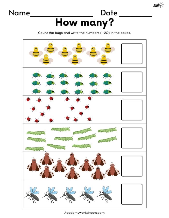 Kindergarten worksheet for counting and coloring numbers eleven through twenty