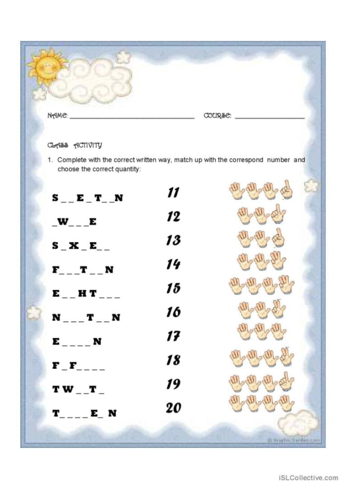 Printable worksheet for kindergarten focusing on counting numbers 11 to 20