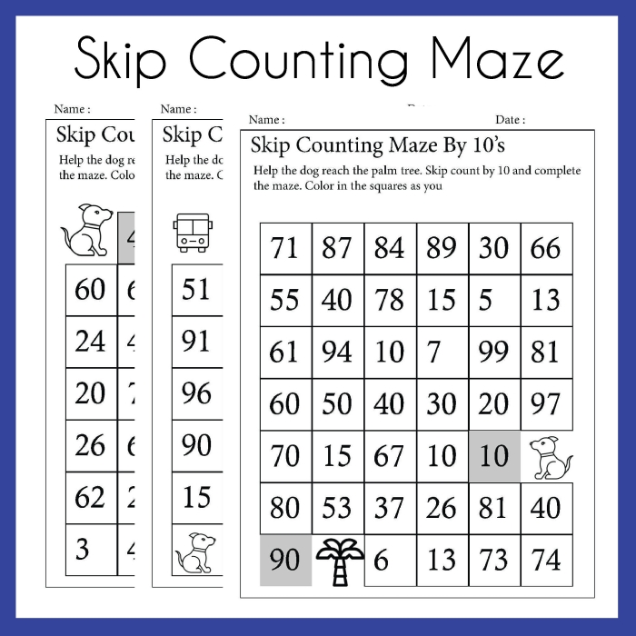 A first grade student counts by fives to navigate through a fun educational maze worksheet.