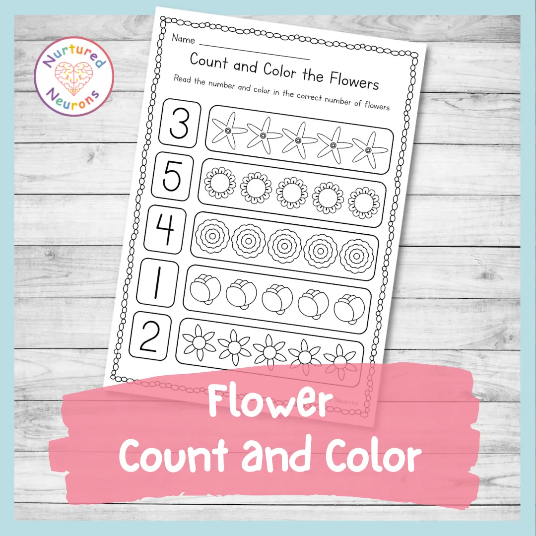 Colorful worksheet for pre-K children to count and color flowers while learning positional words