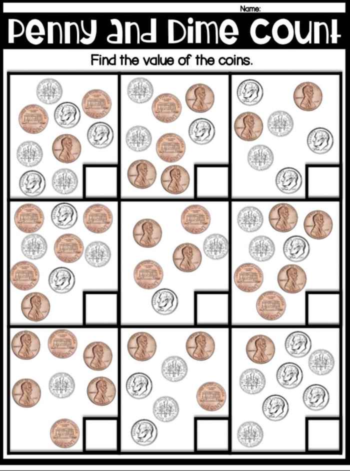 First grade worksheet for practicing how to count by tens using dime images