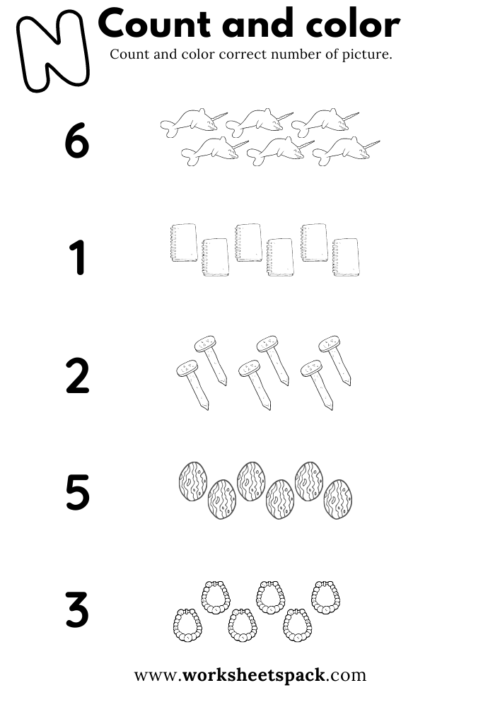 Title image of Count 'n Color: The Numbers 1-5 worksheet for kindergarten patterns Worksheet showing the Count 'n Color activity for numbers 1-5 with colorful footballs