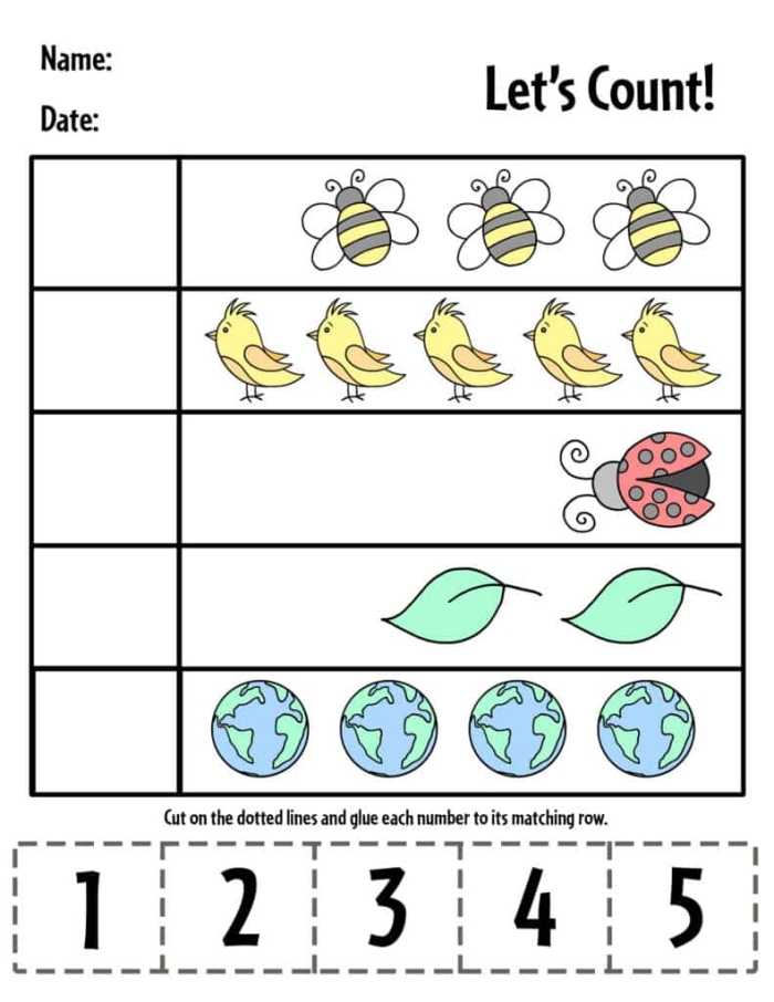Count n Color worksheet page 8 focusing on numbers 1-5 and counting football objects Kindergarten worksheet featuring a Count n Color activity for the numbers one through five with football illustrations