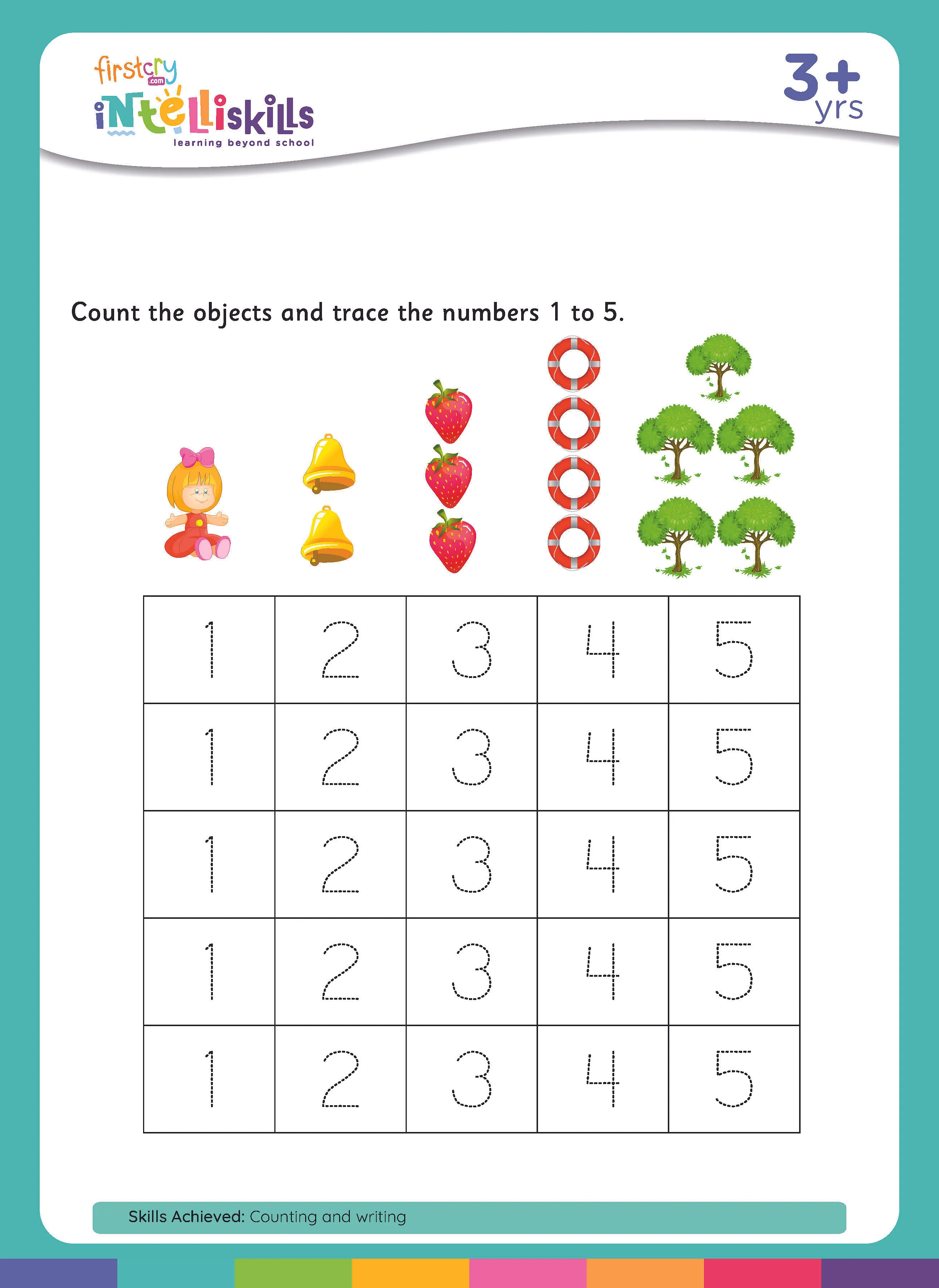 Count 'n Color: The Numbers 1-5 Worksheet for Kindergarten Colorful worksheet for counting and coloring numbers 1-5 with football images