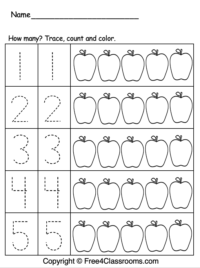 Patterns worksheet for Kindergarten Worksheet for counting and coloring numbers 1-5 with football illustrations for kindergarten. Count 'n Color: The Numbers 1-5 worksheet image showing footballs to color.