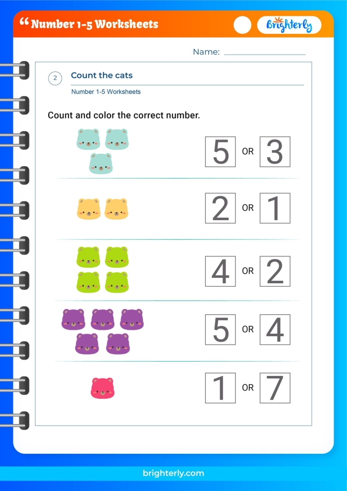 Count n Color The Numbers 1-5 Kindergarten Math Worksheet Kindergarten worksheet featuring a Count n Color activity for the numbers 1 through 5