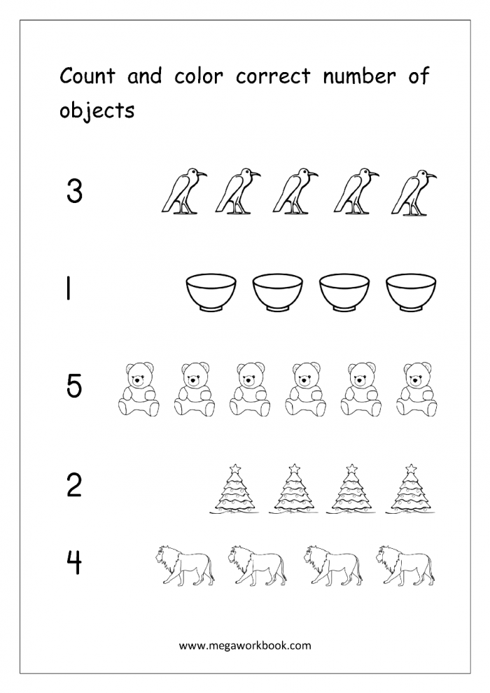 Count 'n Color: The Numbers 1-5 activity for young learners Worksheet for counting and coloring numbers 1-5 featuring various objects for kindergarteners