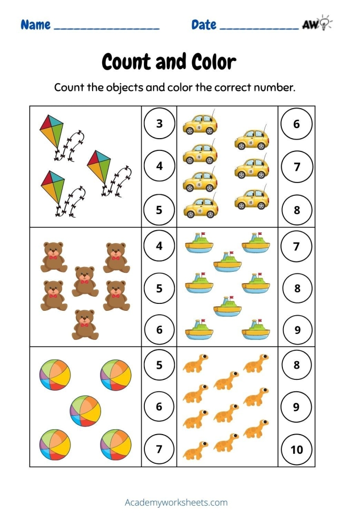 Alphabet worksheet for Kindergarten Worksheet featuring Count 'n Color activities focused on numbers 5-10 for kindergarten students. Engaging image for kids to color and count objects in groups.