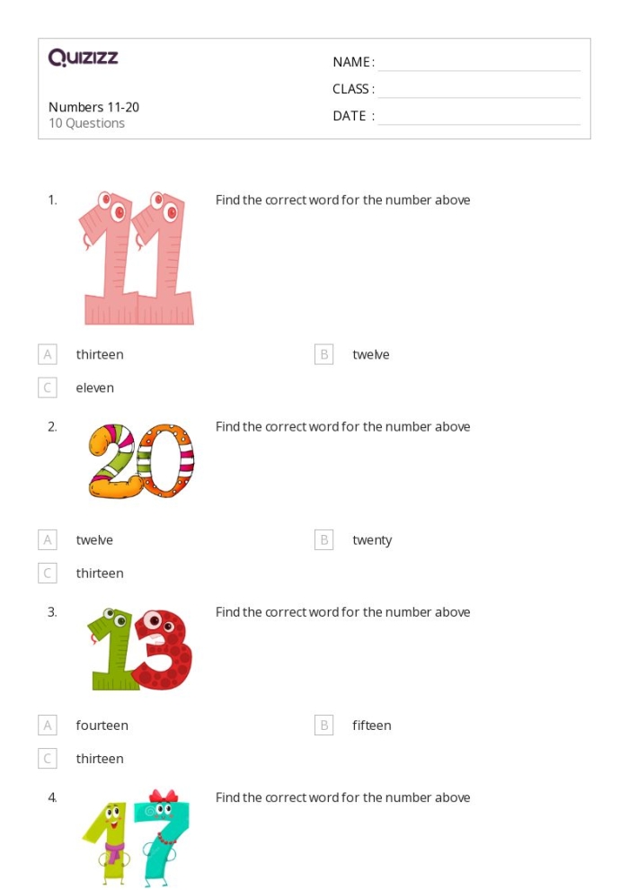 Printable worksheet for kindergarten students to practice counting numbers 11 to 20