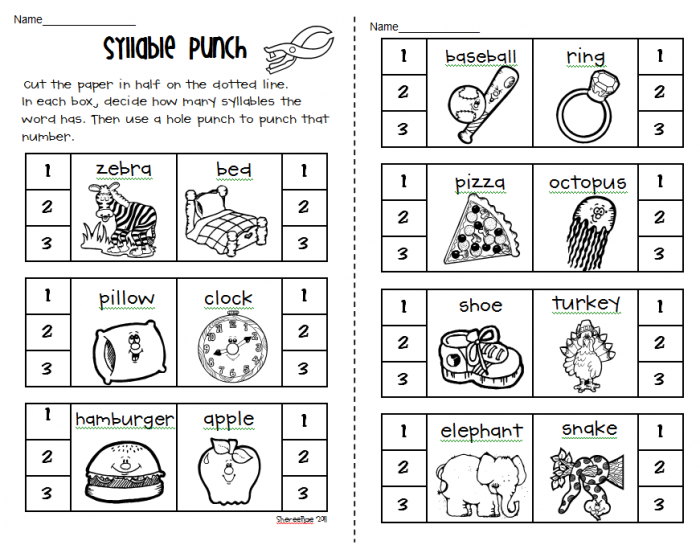 Interactive animals worksheet for practicing phonological awareness in kindergarten Colorful worksheet featuring various animals for counting syllables