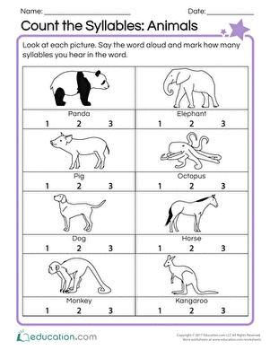 Engaging animal-themed syllable counting worksheet for kindergarten students Worksheet featuring animals for counting syllables in phonics activities