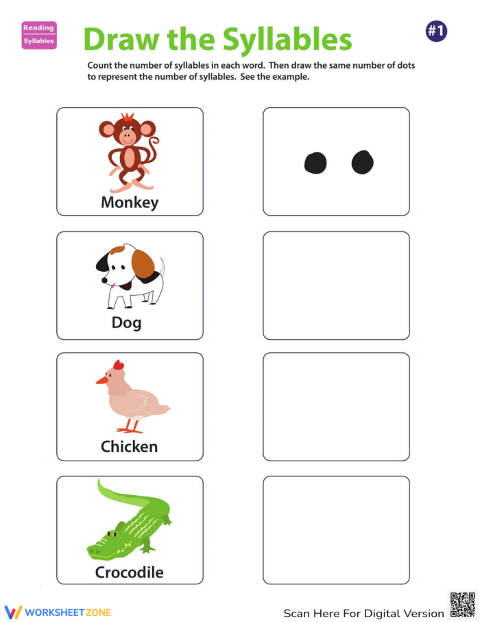 Fun animal-themed phonics activity to enhance syllable recognition skills Colorful worksheet for counting syllables with animals for kindergarten students