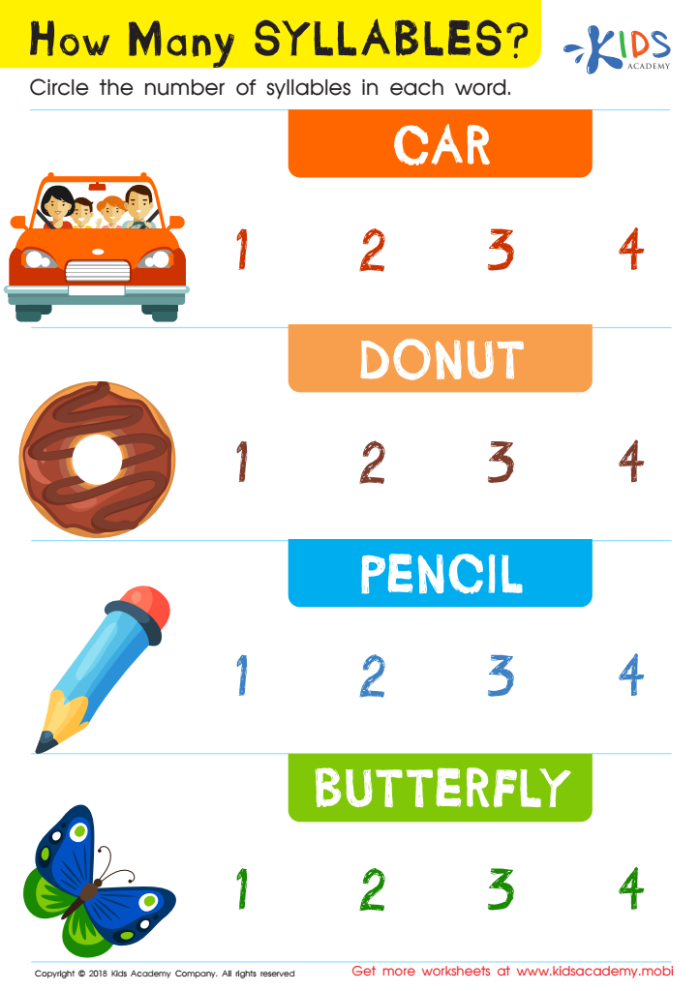 Engaging animal-themed worksheet for kindergarten syllable counting activities Worksheet featuring animals for counting syllables in phonics practice