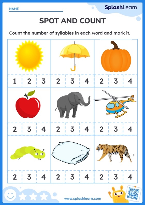 Engaging animal-themed phonics activity for kindergarten students Worksheet for counting syllables featuring various animals
