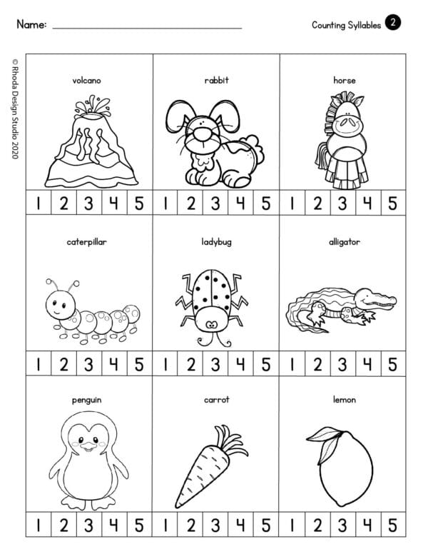 Interactive phonics activity for kindergarten students Colorful worksheet featuring animals for counting syllables