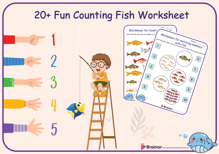 Counting worksheet for preschoolers with a fish theme designed for addition practice
