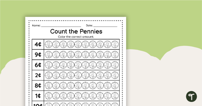 Counting worksheet for kindergarteners featuring rows of pennies to count