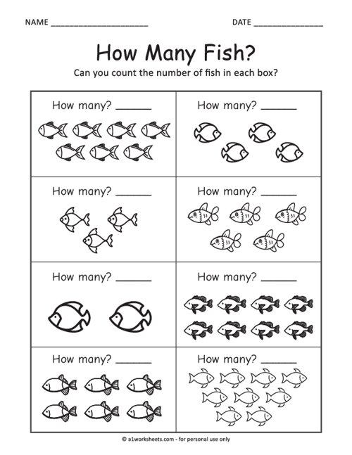 Counting worksheet for preschoolers with a colorful fish theme