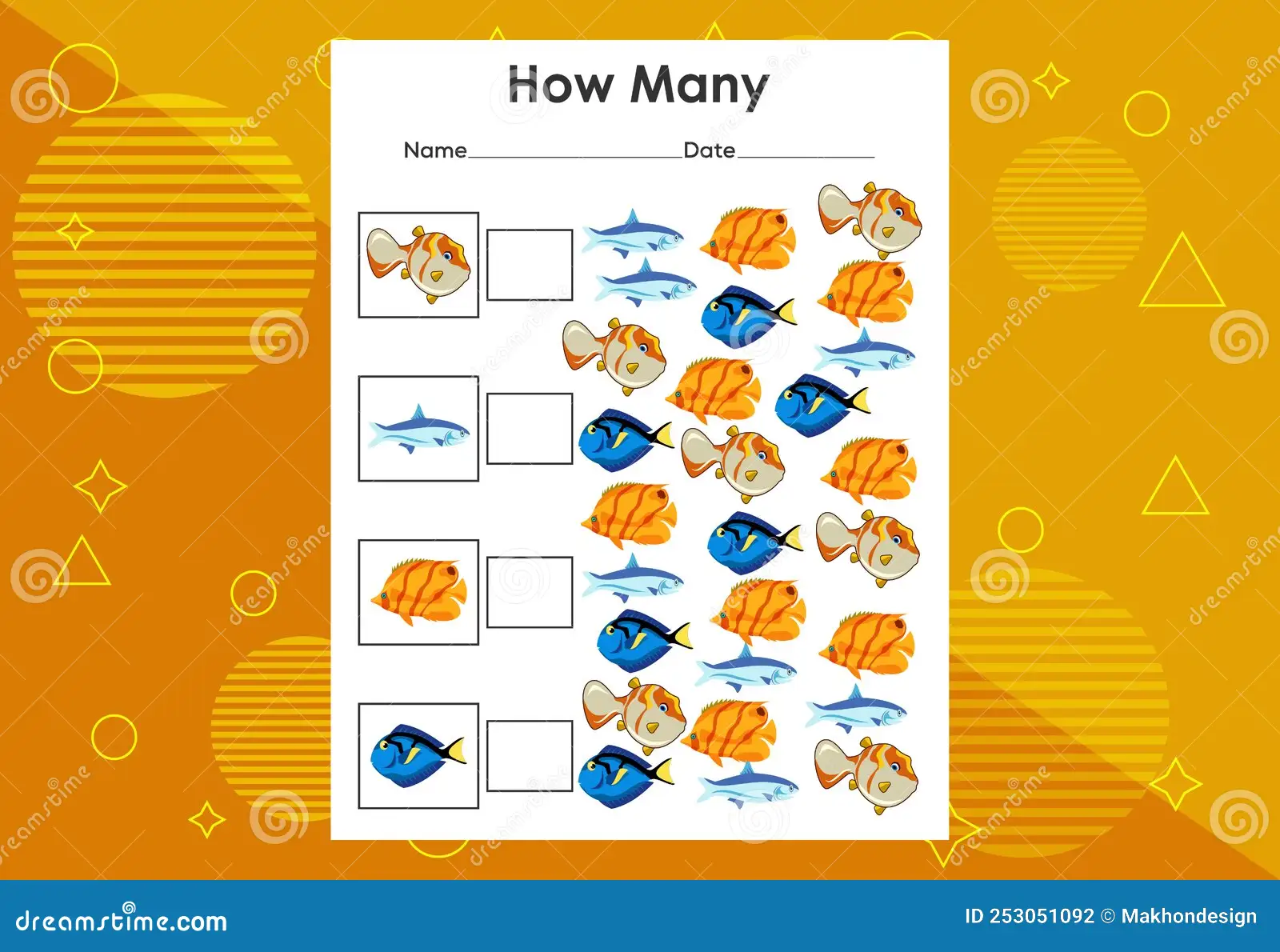Counting worksheet for preschoolers with a playful fish theme