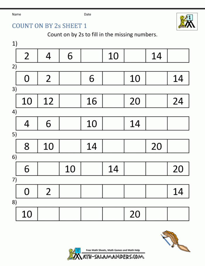 Counting by 2s worksheet for second graders featuring dots to count