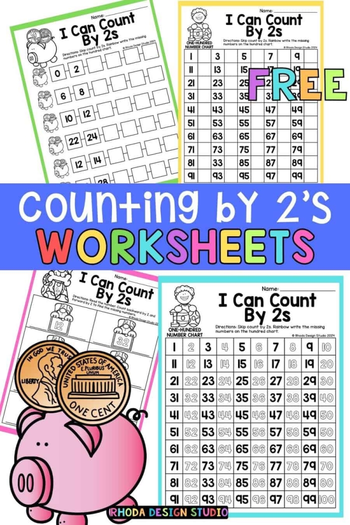 Counting by 2s worksheet for second graders featuring dots to count