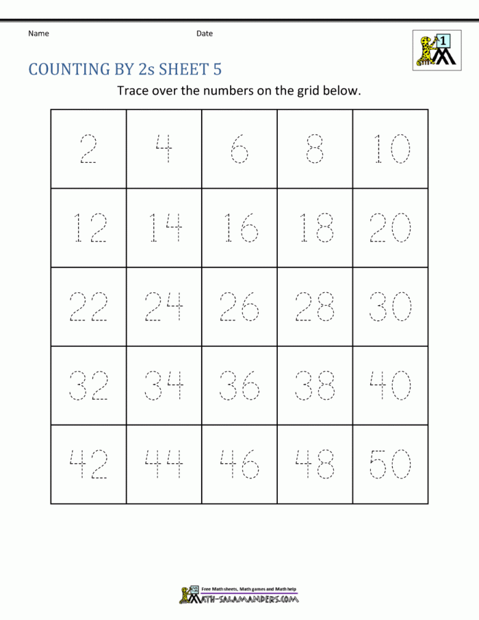 Counting by 2s worksheet for second graders featuring dots to count