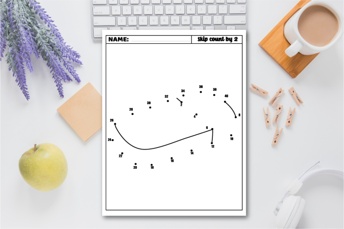 Counting by 2s dot to dot worksheet for kids with a hidden picture to reveal